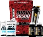 Kit Hipercalórico Mass 36.500 Refil 3Kg Suplemento Hipercalorico + 2x Creatina Power Juice Pote 100g Creatine 3000mg Creatina Monohidratada Carboidratos + 2x Bcaa 3000 Refil 50 Capsulas Aminoácidos de Cadeia Ramificada Ultra Concentrado + Coqueteleira (3Kg, Chocolate Belga)
